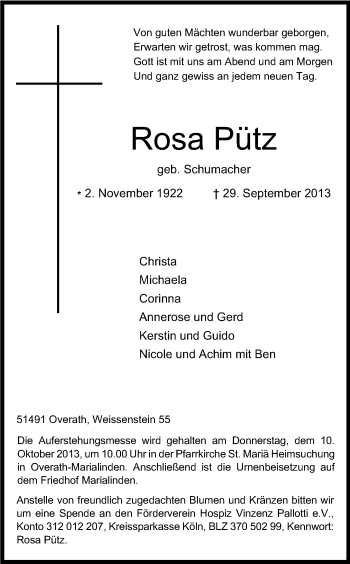 Anzeige von Rosa Pütz von Kölner Stadt-Anzeiger / Kölnische Rundschau / Express