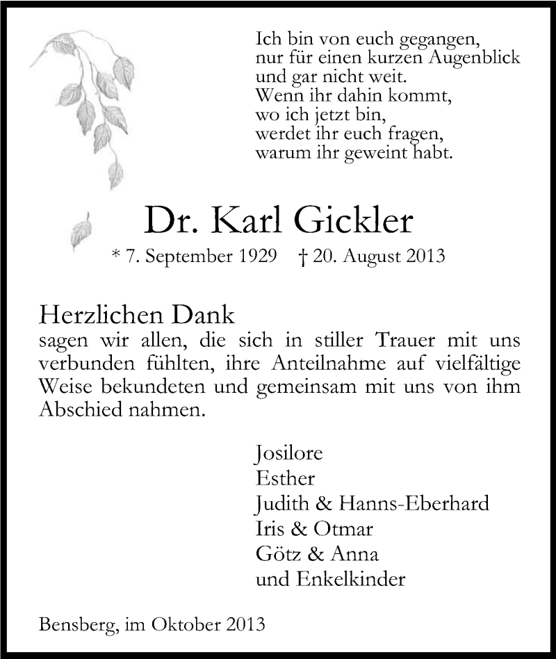  Traueranzeige für Karl Gickler vom 05.10.2013 aus Kölner Stadt-Anzeiger / Kölnische Rundschau / Express