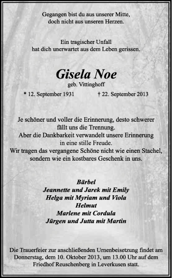 Anzeige von Gisela Noe von Kölner Stadt-Anzeiger / Kölnische Rundschau / Express