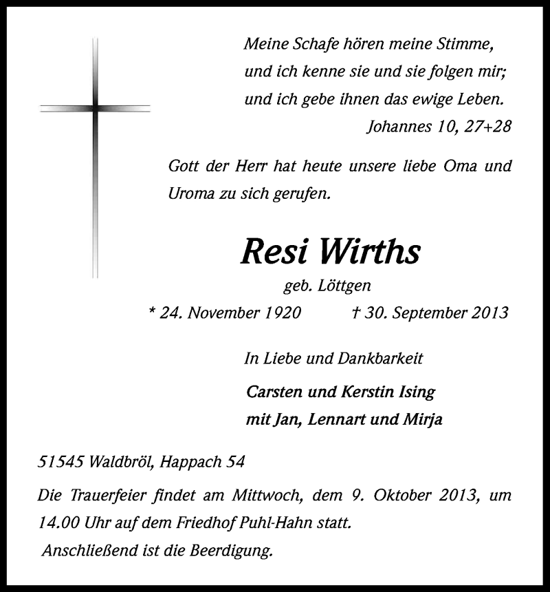  Traueranzeige für Resi Wirths vom 05.10.2013 aus Kölner Stadt-Anzeiger / Kölnische Rundschau / Express