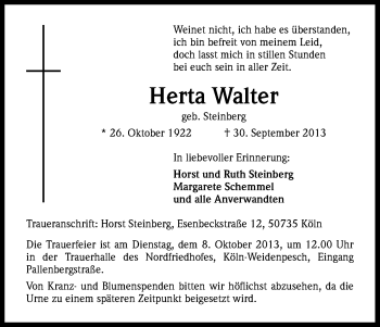 Anzeige von Herta Walter von Kölner Stadt-Anzeiger / Kölnische Rundschau / Express