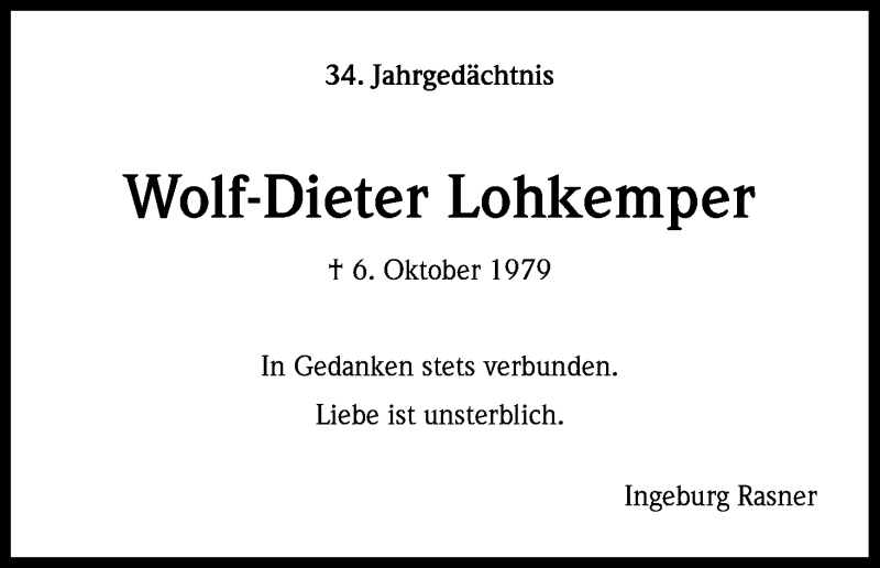  Traueranzeige für Wolf-Dieter Lohkemper vom 05.10.2013 aus Kölner Stadt-Anzeiger / Kölnische Rundschau / Express