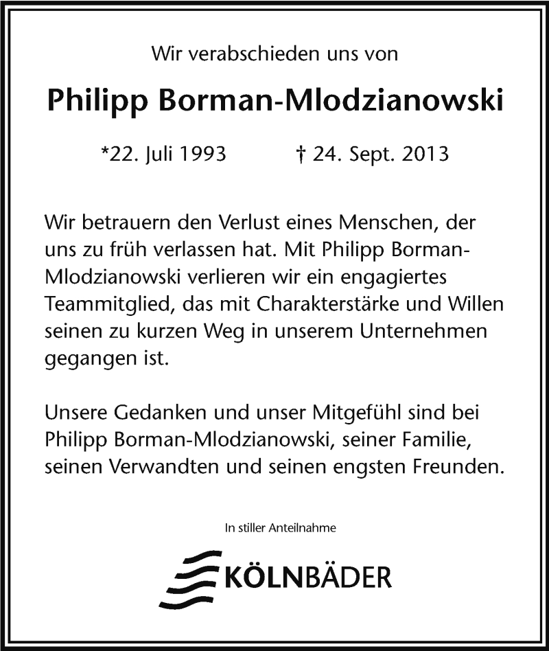  Traueranzeige für Philipp Borman-Mlodzianowski vom 05.10.2013 aus Kölner Stadt-Anzeiger / Kölnische Rundschau / Express