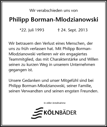 Anzeige von Philipp Borman-Mlodzianowski von Kölner Stadt-Anzeiger / Kölnische Rundschau / Express