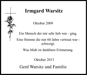 Anzeige von Irmgard Warsitz von Kölner Stadt-Anzeiger / Kölnische Rundschau / Express