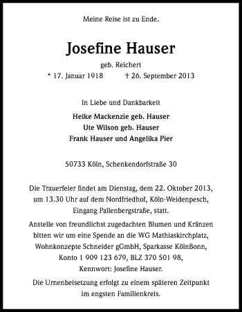Anzeige von Josefine Hauser von Kölner Stadt-Anzeiger / Kölnische Rundschau / Express