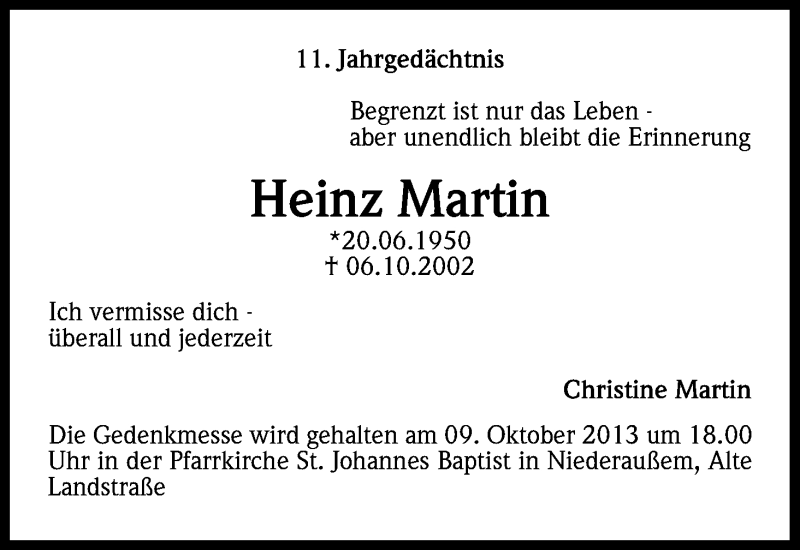  Traueranzeige für Heinz Martin vom 05.10.2013 aus Kölner Stadt-Anzeiger / Kölnische Rundschau / Express