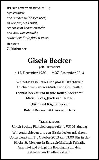 Anzeige von Gisela Becker von Kölner Stadt-Anzeiger / Kölnische Rundschau / Express