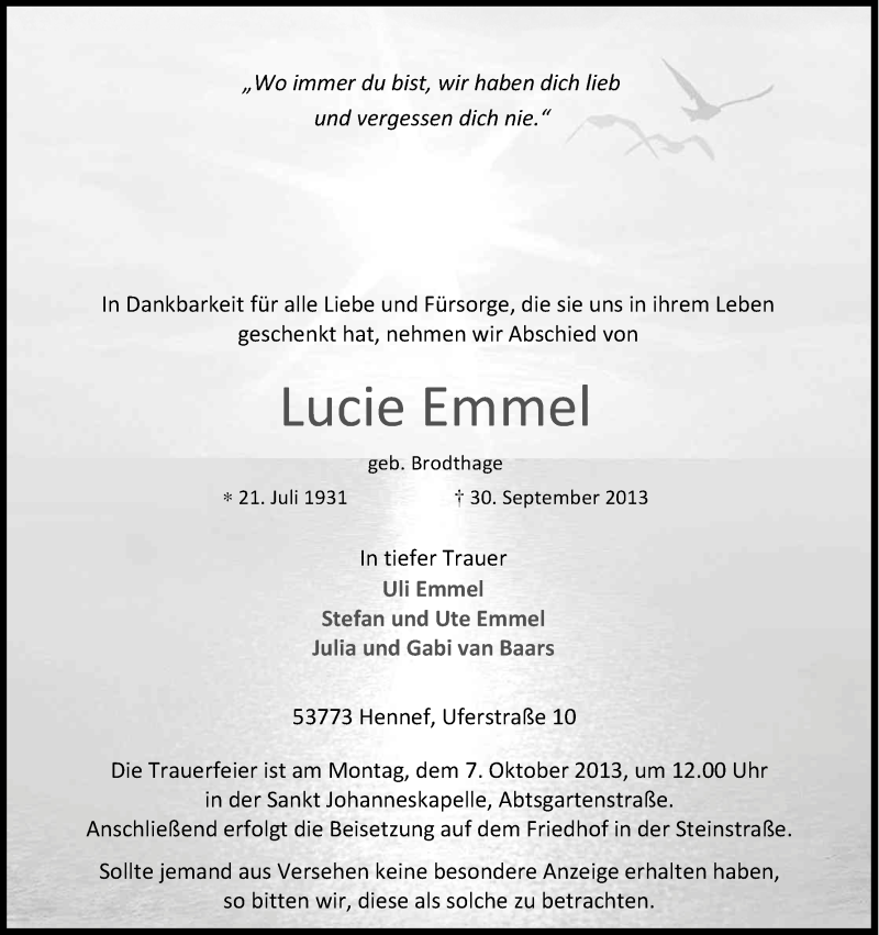  Traueranzeige für Lucie Emmel vom 05.10.2013 aus Kölner Stadt-Anzeiger / Kölnische Rundschau / Express