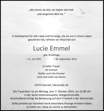 Anzeige von Lucie Emmel von Kölner Stadt-Anzeiger / Kölnische Rundschau / Express