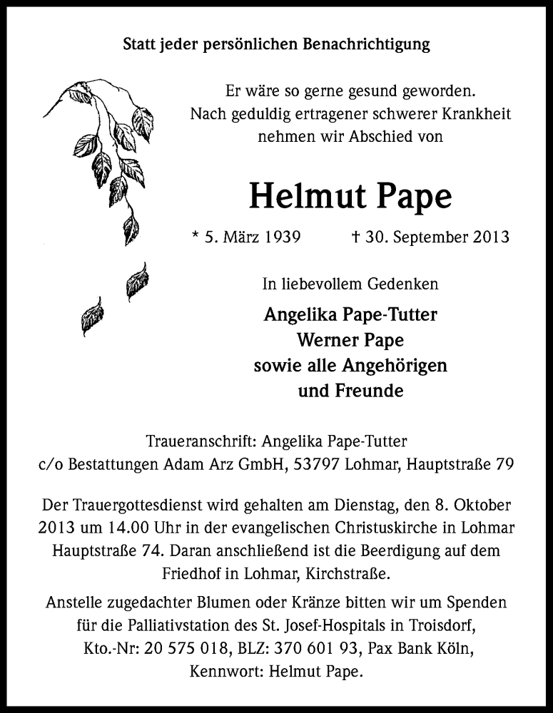  Traueranzeige für Helmut Pape vom 05.10.2013 aus Kölner Stadt-Anzeiger / Kölnische Rundschau / Express