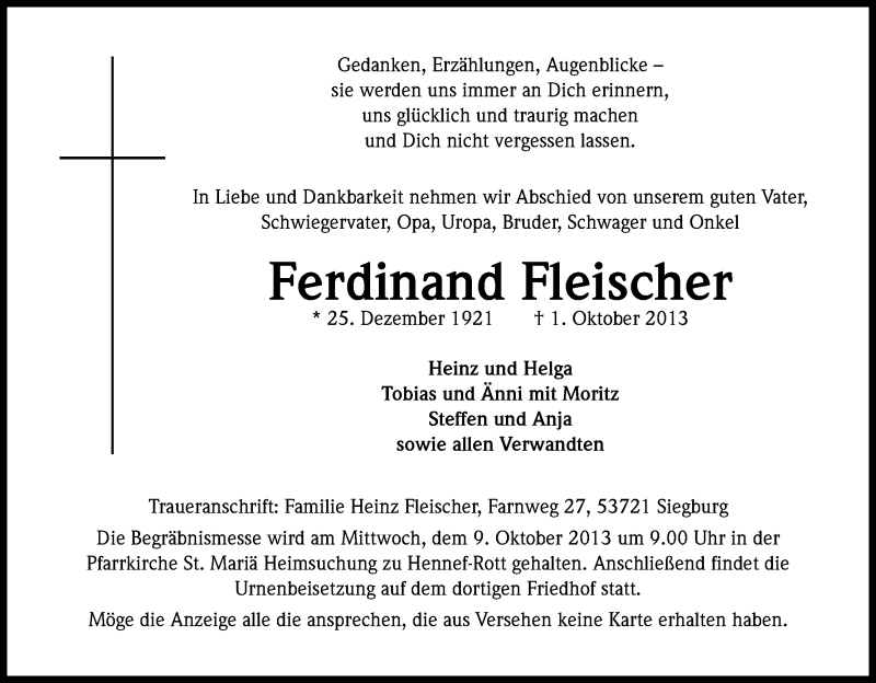  Traueranzeige für Ferdinand Fleischer vom 05.10.2013 aus Kölner Stadt-Anzeiger / Kölnische Rundschau / Express