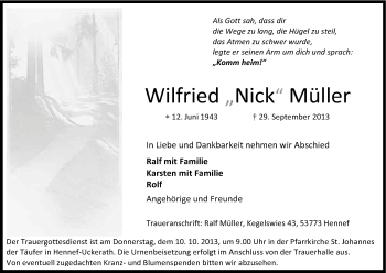 Anzeige von Wilfried Müller von Kölner Stadt-Anzeiger / Kölnische Rundschau / Express