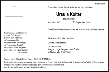 Anzeige von Ursula Kolter von Kölner Stadt-Anzeiger / Kölnische Rundschau / Express