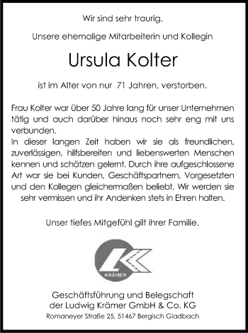 Anzeige von Ursula Kolter von Kölner Stadt-Anzeiger / Kölnische Rundschau / Express