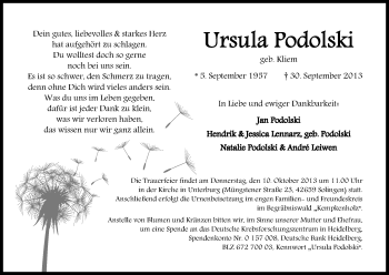 Anzeige von Ursula Podolski von Kölner Stadt-Anzeiger / Kölnische Rundschau / Express