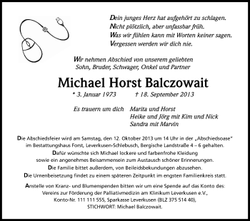 Anzeige von Michael Horst Balczowait von Kölner Stadt-Anzeiger / Kölnische Rundschau / Express
