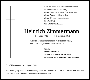 Anzeige von Heinrich Zimmermann von Kölner Stadt-Anzeiger / Kölnische Rundschau / Express