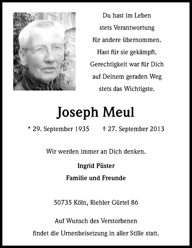  Traueranzeige für Joseph Meul vom 05.10.2013 aus Kölner Stadt-Anzeiger / Kölnische Rundschau / Express