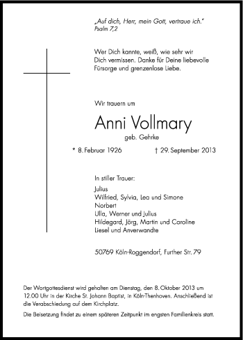 Anzeige von Anni Vollmary von Kölner Stadt-Anzeiger / Kölnische Rundschau / Express
