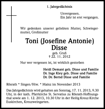Anzeige von Josefine Antonie Disse: von Kölner Stadt-Anzeiger / Kölnische Rundschau / Express