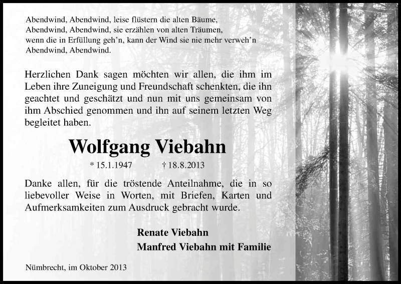  Traueranzeige für Wolfgang Viebahn vom 05.10.2013 aus Kölner Stadt-Anzeiger / Kölnische Rundschau / Express