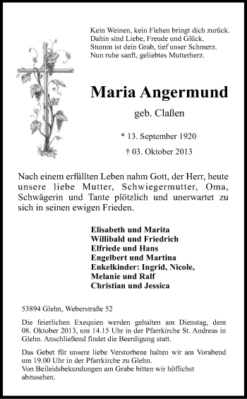 Anzeige von Maria Angermund von Kölner Stadt-Anzeiger / Kölnische Rundschau / Express