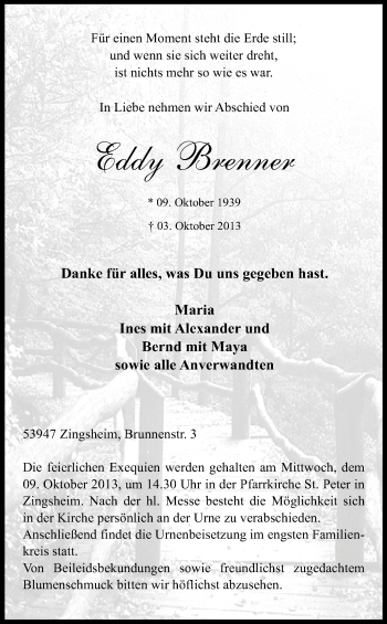 Anzeige von Eddy Brenner von Kölner Stadt-Anzeiger / Kölnische Rundschau / Express