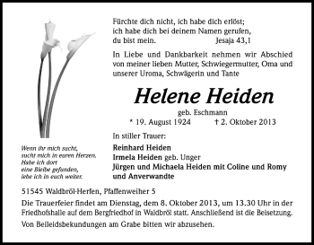 Anzeige von Helene Heiden von Kölner Stadt-Anzeiger / Kölnische Rundschau / Express