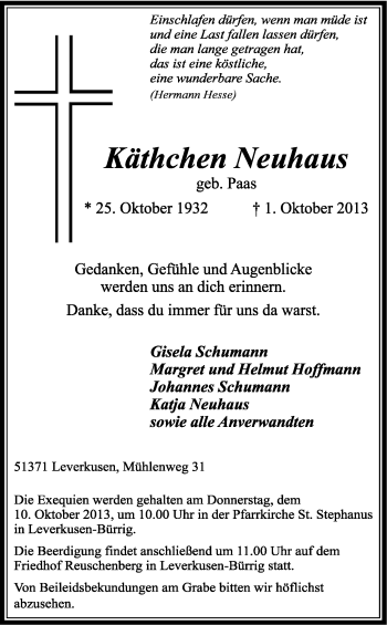 Anzeige von Neuhaus Käthchen von Kölner Stadt-Anzeiger / Kölnische Rundschau / Express