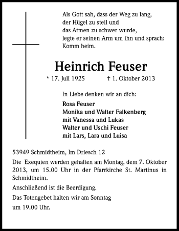Anzeige von Heinrich Feuser von Kölner Stadt-Anzeiger / Kölnische Rundschau / Express