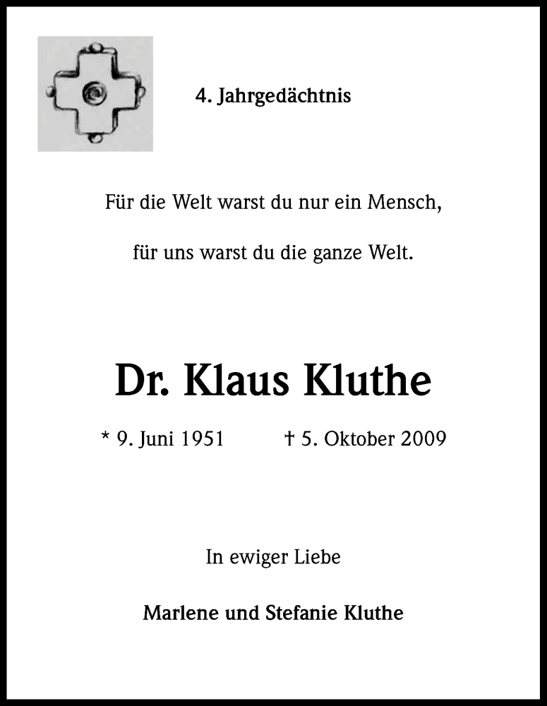  Traueranzeige für Klaus Kluthe vom 05.10.2013 aus Kölner Stadt-Anzeiger / Kölnische Rundschau / Express