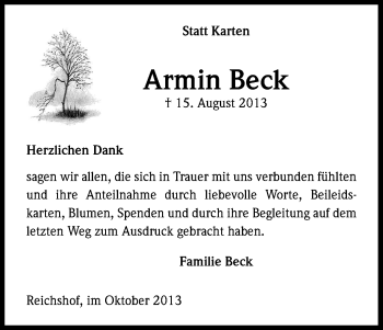 Anzeige von Armin Beck von Kölner Stadt-Anzeiger / Kölnische Rundschau / Express