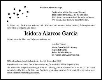 Anzeige von Isidora Alarcos Garcia von Kölner Stadt-Anzeiger / Kölnische Rundschau / Express