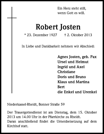 Anzeige von Robert Josten von Kölner Stadt-Anzeiger / Kölnische Rundschau / Express