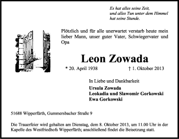 Anzeige von Leon Zowada von Kölner Stadt-Anzeiger / Kölnische Rundschau / Express