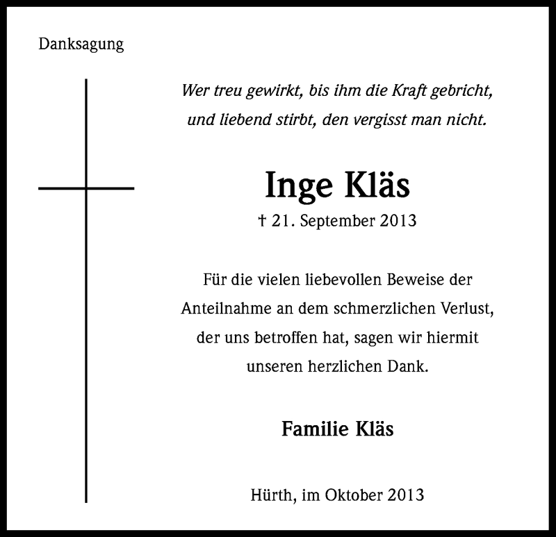  Traueranzeige für Inge Kläs vom 16.10.2013 aus Kölner Stadt-Anzeiger / Kölnische Rundschau / Express