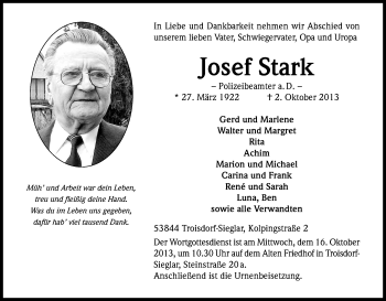 Anzeige von Josef Stark von Kölner Stadt-Anzeiger / Kölnische Rundschau / Express