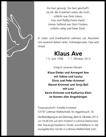 Anzeige von Klaus Ave von Kölner Stadt-Anzeiger / Kölnische Rundschau / Express