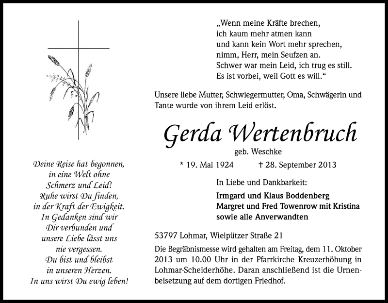  Traueranzeige für Gerda Wertenbruch vom 05.10.2013 aus Kölner Stadt-Anzeiger / Kölnische Rundschau / Express
