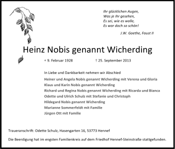 Anzeige von Heinz Nobis von Kölner Stadt-Anzeiger / Kölnische Rundschau / Express
