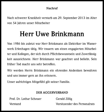 Anzeige von Uwe Brinkmann von Kölner Stadt-Anzeiger / Kölnische Rundschau / Express