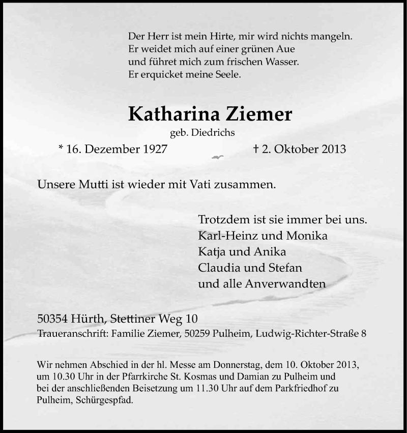  Traueranzeige für Katharina Ziemer vom 05.10.2013 aus Kölner Stadt-Anzeiger / Kölnische Rundschau / Express