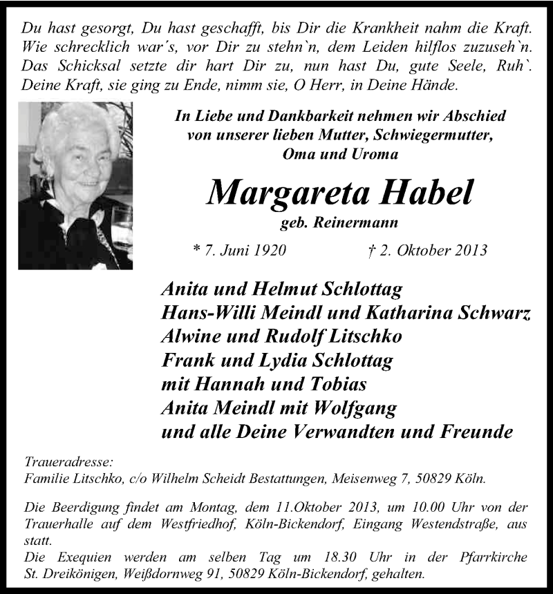  Traueranzeige für Margarete Habel vom 05.10.2013 aus Kölner Stadt-Anzeiger / Kölnische Rundschau / Express