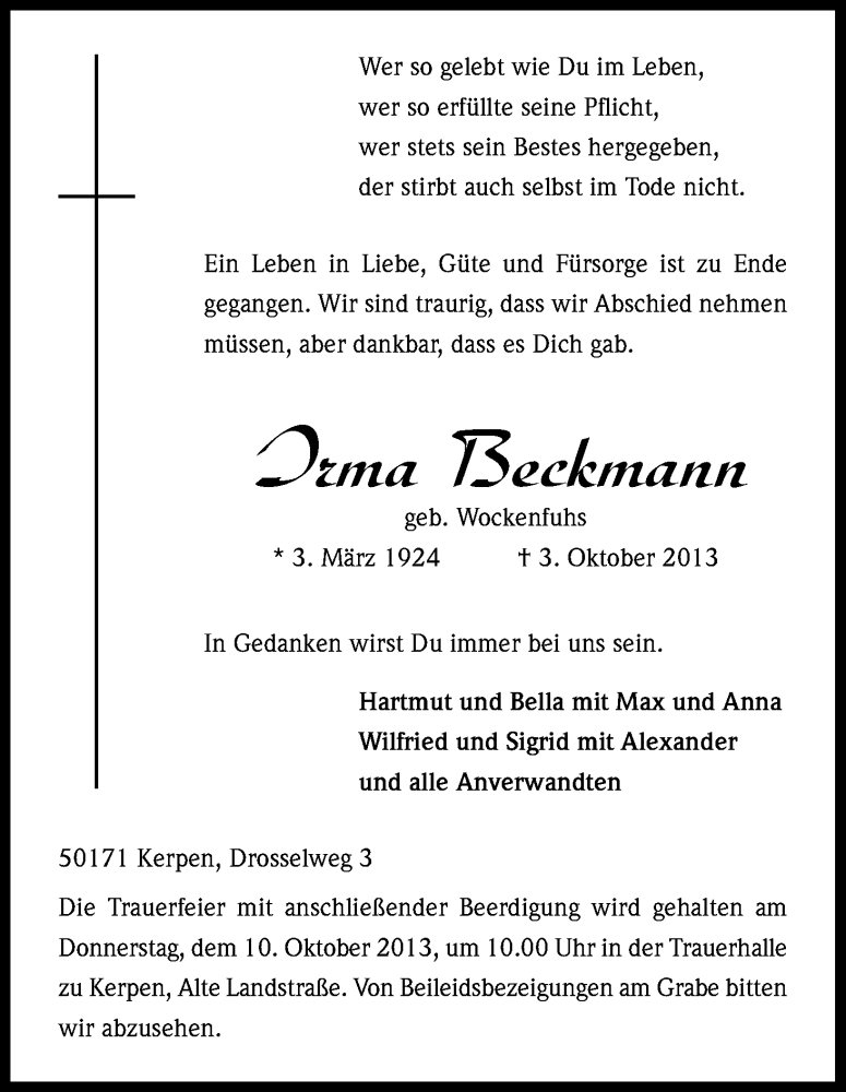  Traueranzeige für Irma Beckmann vom 05.10.2013 aus Kölner Stadt-Anzeiger / Kölnische Rundschau / Express