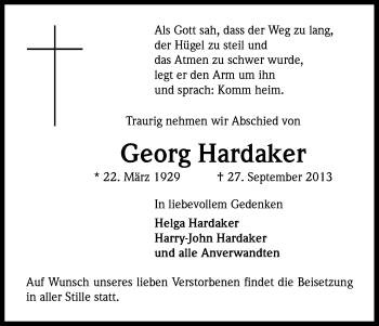 Anzeige von Georg Hardacker von Kölner Stadt-Anzeiger / Kölnische Rundschau / Express