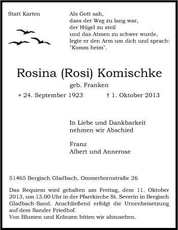 Anzeige von Rosina Komischke von Kölner Stadt-Anzeiger / Kölnische Rundschau / Express