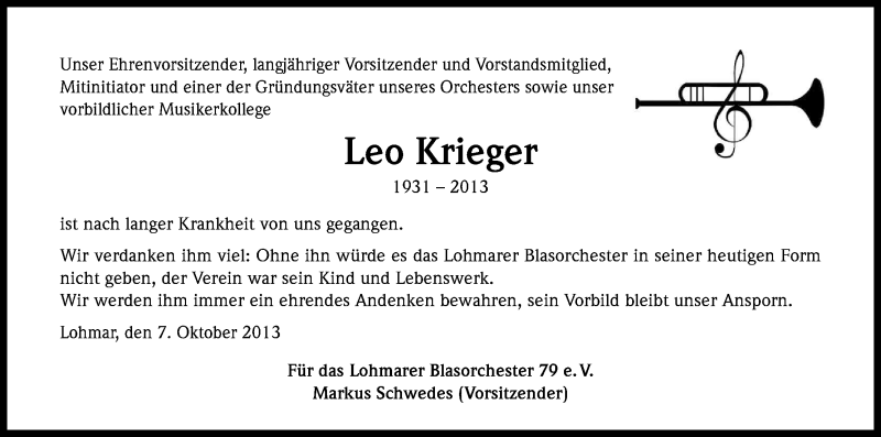  Traueranzeige für Leo Krieger vom 07.10.2013 aus Kölner Stadt-Anzeiger / Kölnische Rundschau / Express