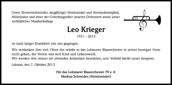 Anzeige von Leo Krieger von Kölner Stadt-Anzeiger / Kölnische Rundschau / Express