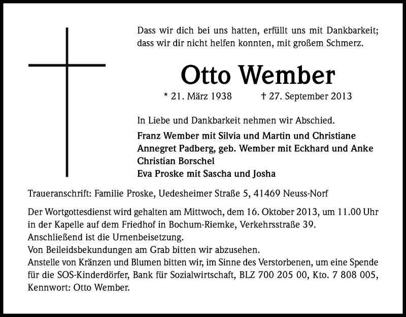  Traueranzeige für Otto Wember vom 05.10.2013 aus Kölner Stadt-Anzeiger / Kölnische Rundschau / Express